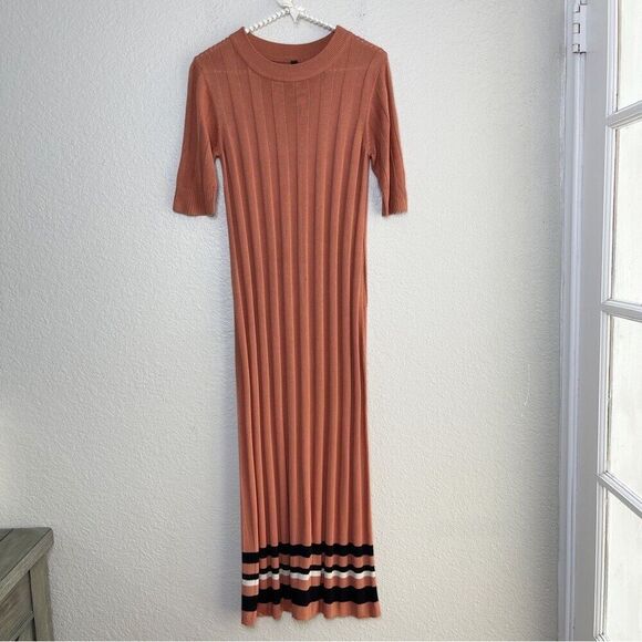 VEDA Large Knit Long Dress Casual 3/4 Sleeve Ribbed Colorblock Stripe High Neck - Picture 1 of 10